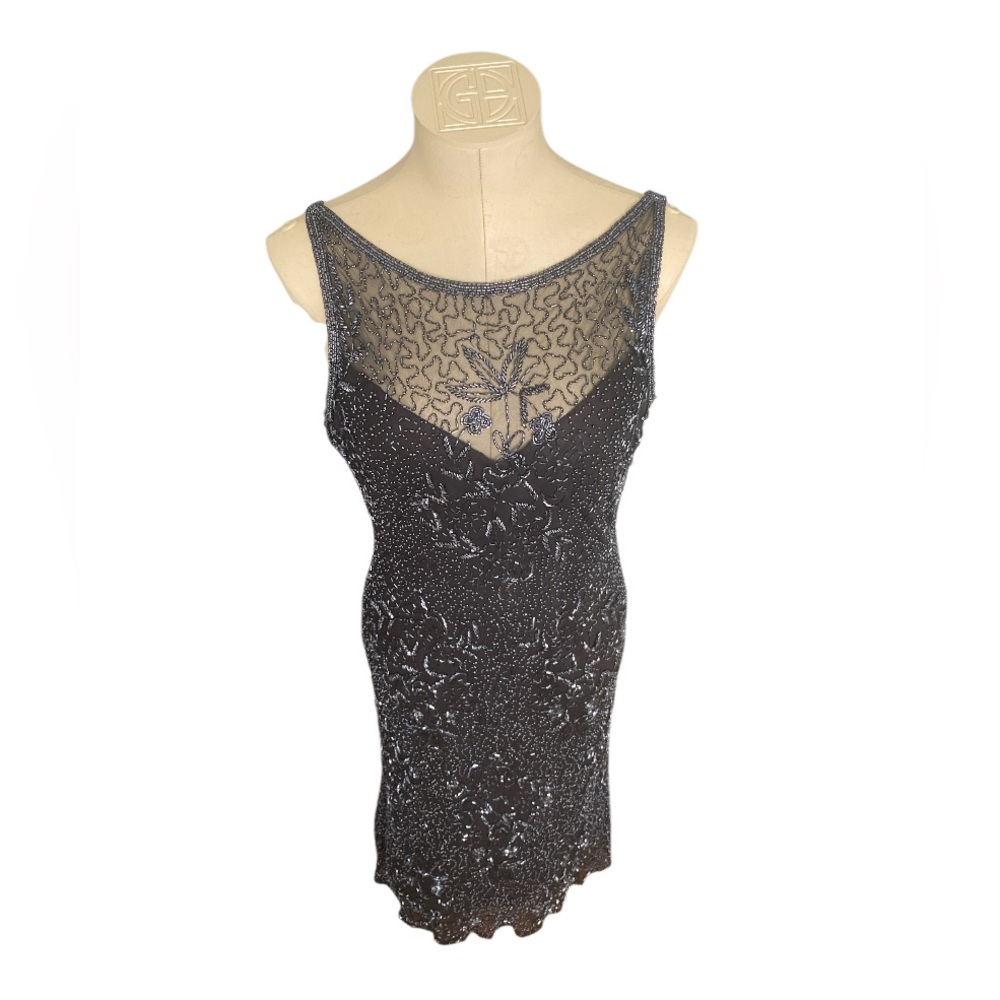 Vintage 90s 100% Silk Scala Dress Beaded Silk Slip Dress Cowl Backless Black - Picture 11 of 17